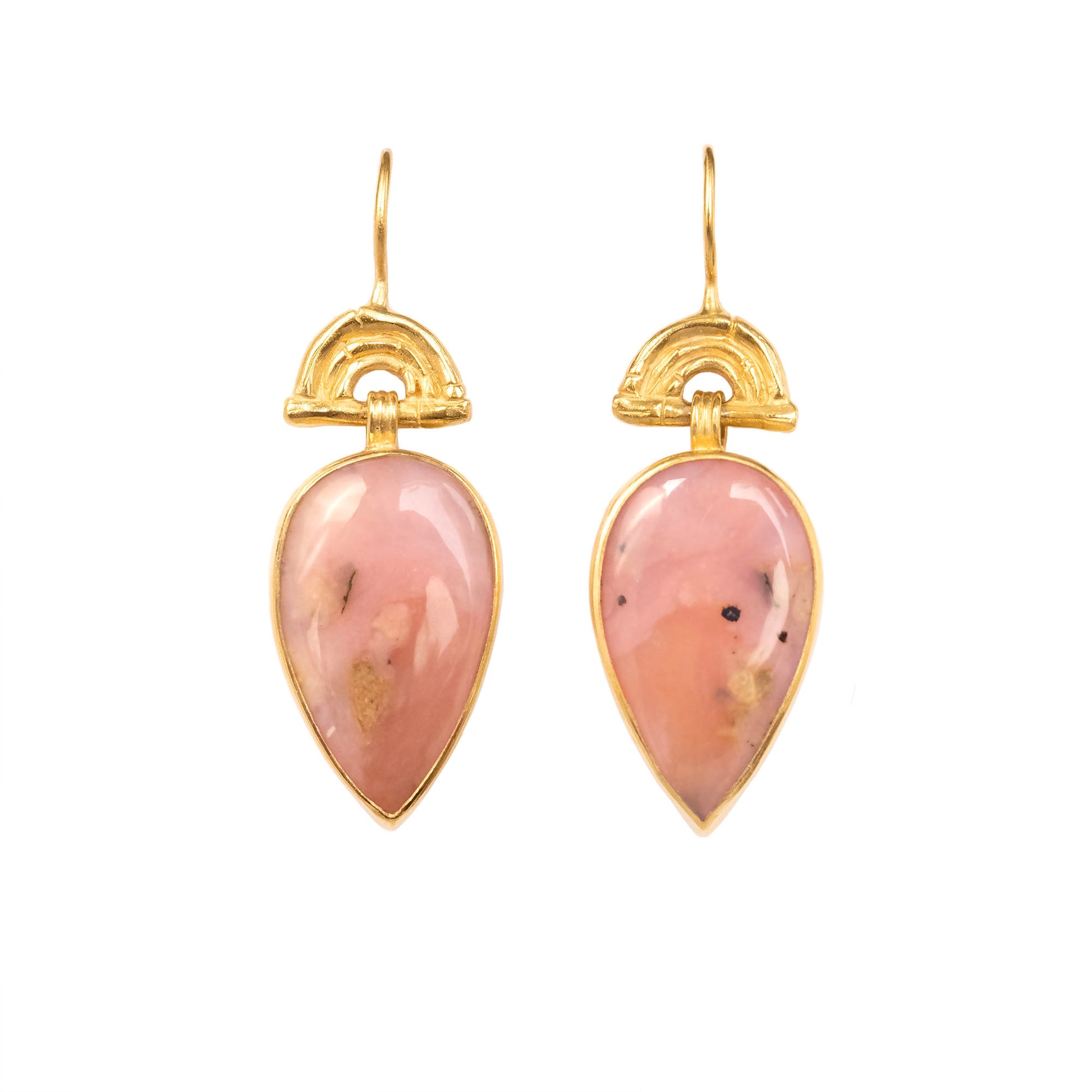 drop earrings in gold vermeil, featuring triple arches of bamboo on hooks, hung with pear/teardrop shaped pink opal gemstone pendants