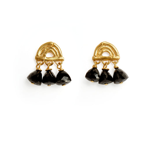 small stud earrings in Gold Vermeil, featuring a triple arch of bamboo, hung with Pyramid Trillion Beads in Black Onyx