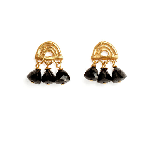 small stud earrings in Gold Vermeil, featuring a triple arch of bamboo, hung with Pyramid Trillion Beads in Black Onyx