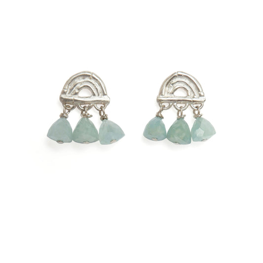 small stud earrings in Sterling Silver, featuring a triple arch of bamboo, hung with Pyramid Trillion Beads in Aquamarine