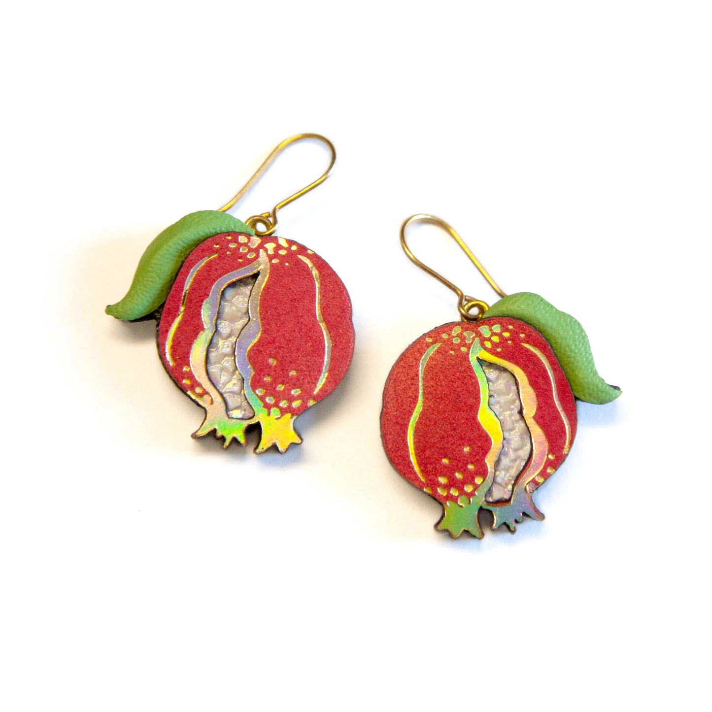leather pomegranate earrings with green leaves