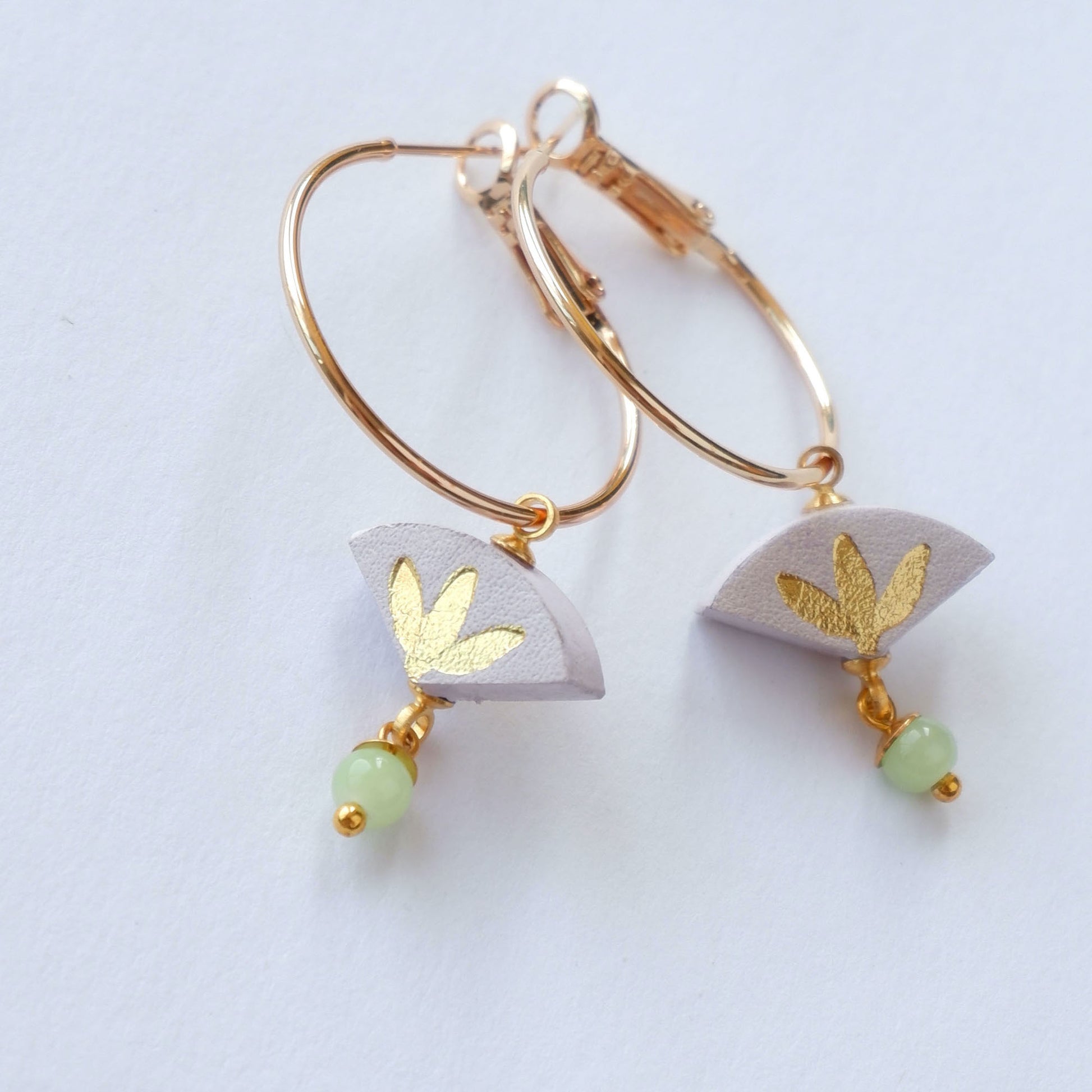 lilac & gold palm print leather gold  hoop earrings with light green bead