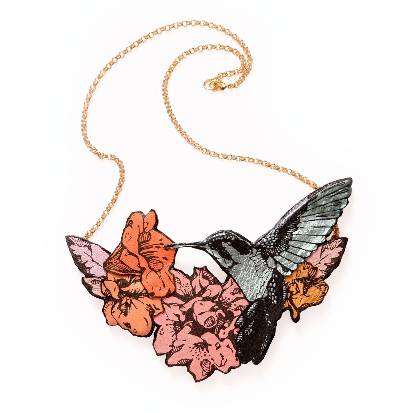 Hummingbird Necklace in collaged screen-pinted coloured leather, on gold plated chain.