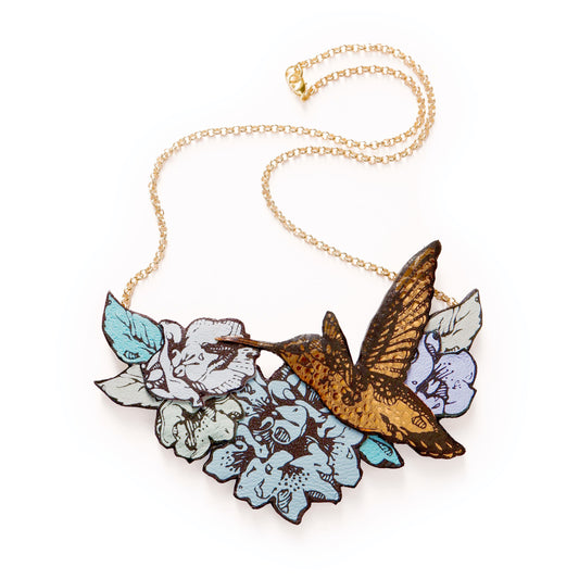 Hummingbird Necklace in collaged screen-pinted coloured leather, on gold plated chain.