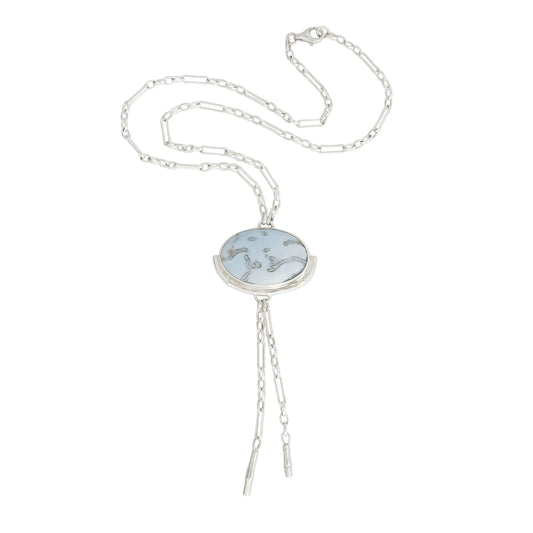 Silver Lariat style chain necklace, with a large marbled pale sky blue peruvian opal pendant, framed  by a half halo of silver bamboo. 