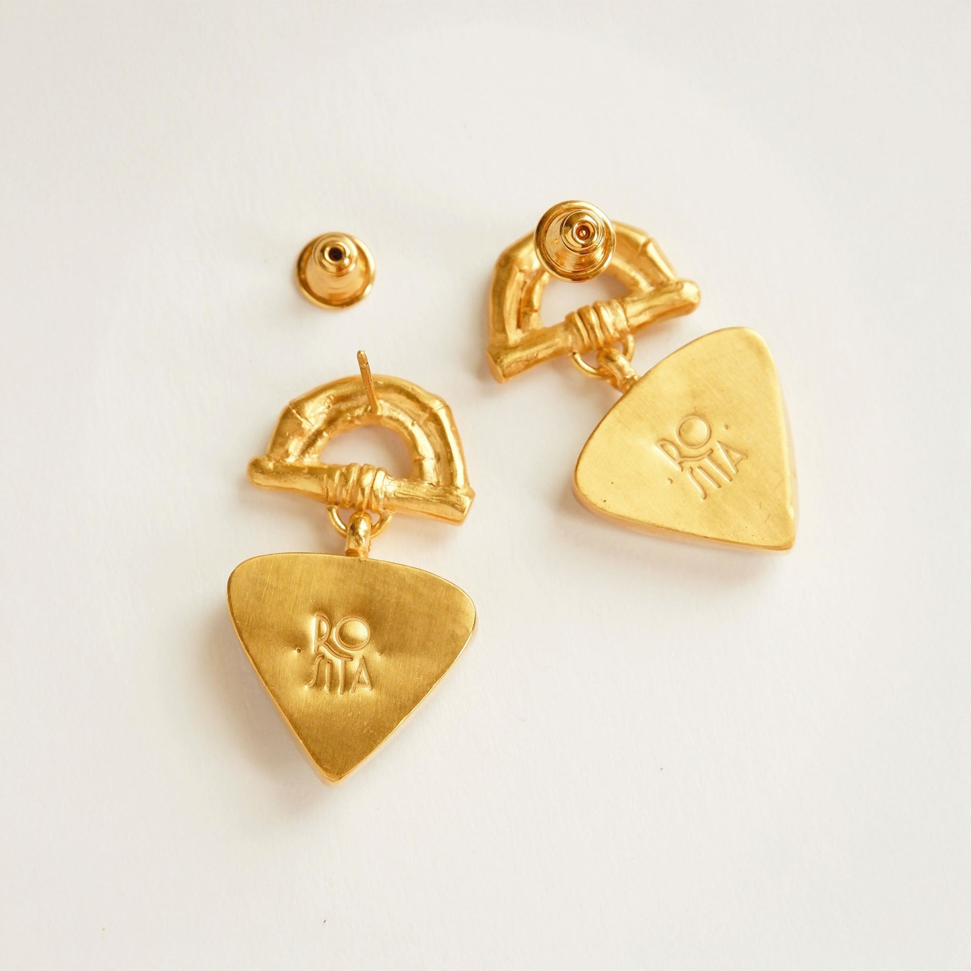 Gold Vermeil stud earrings featuring bamboo sunrise arch design, with gemstone drop pendants, shown from back with post stoppers.