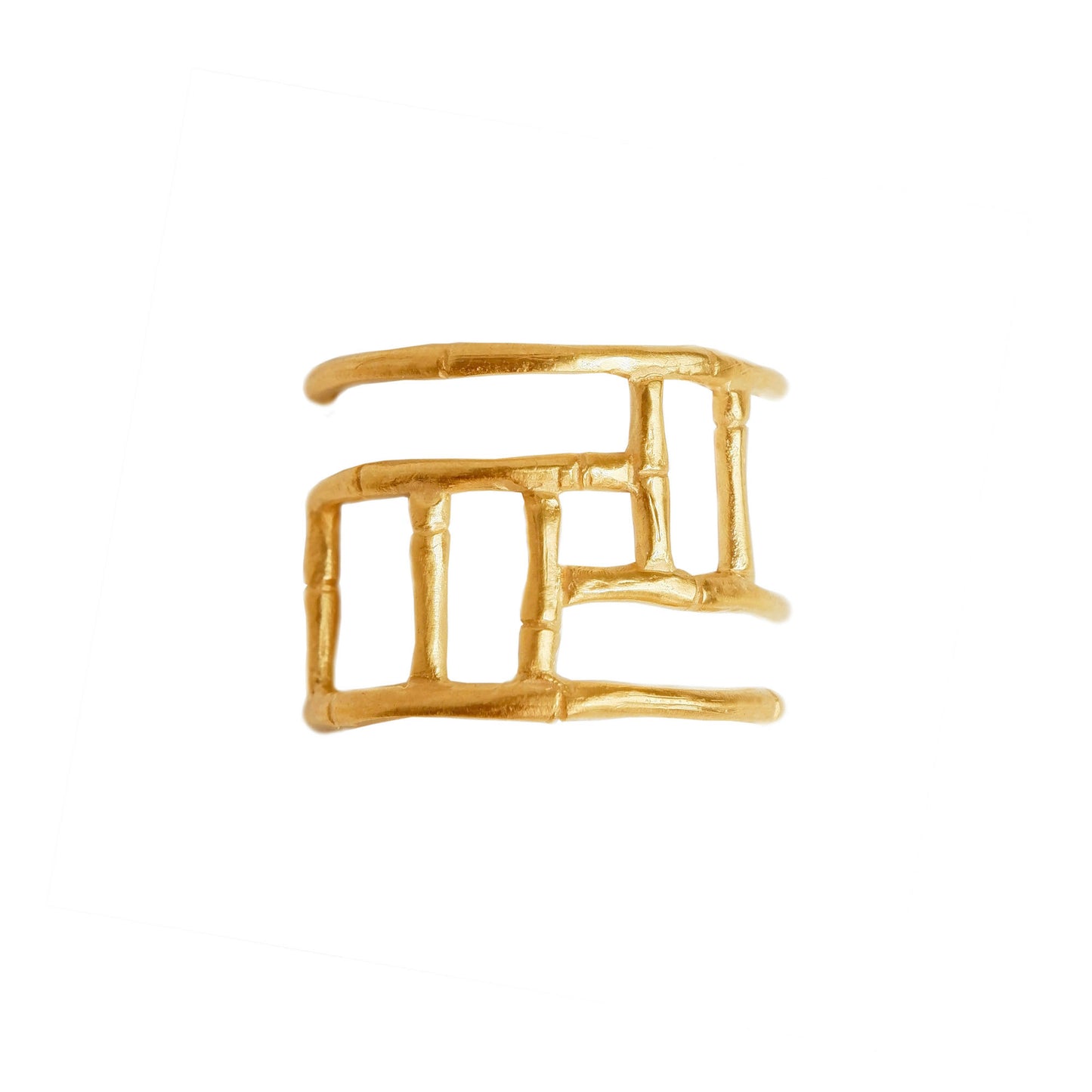 Wide Gold ring with geometric open-work Bamboo screen design, on a white background