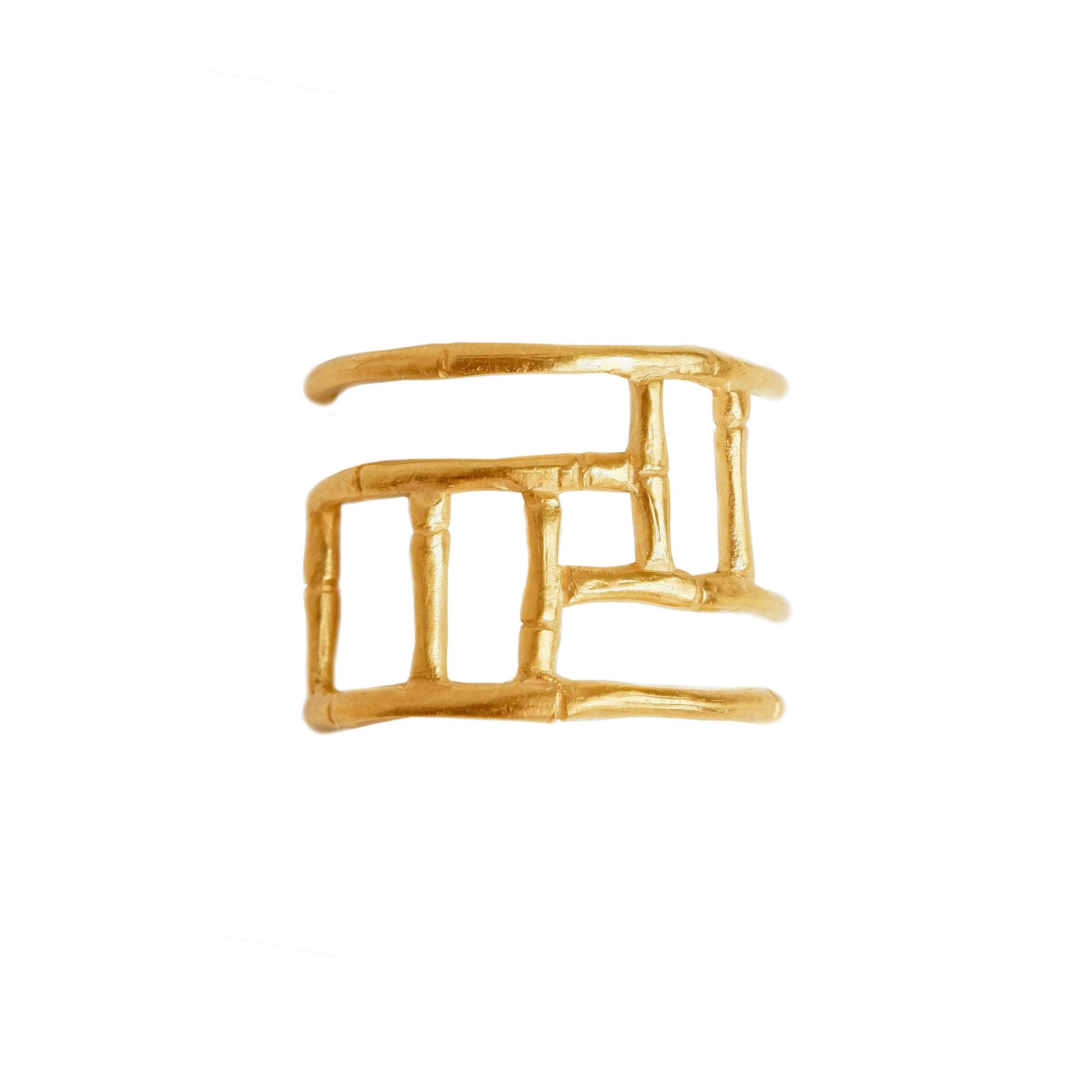 Wide Gold ring with geometric open-work Bamboo screen design, on a white background