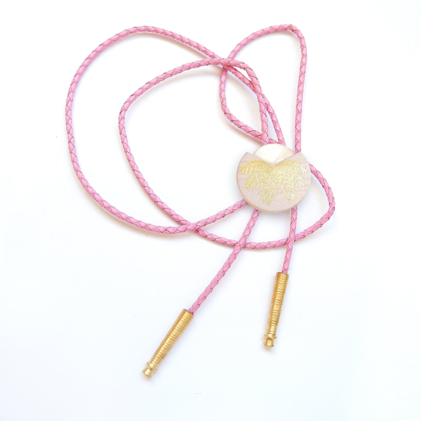 lilac leather bolo tie with gold palm print, mother of pearl accent & brass tips