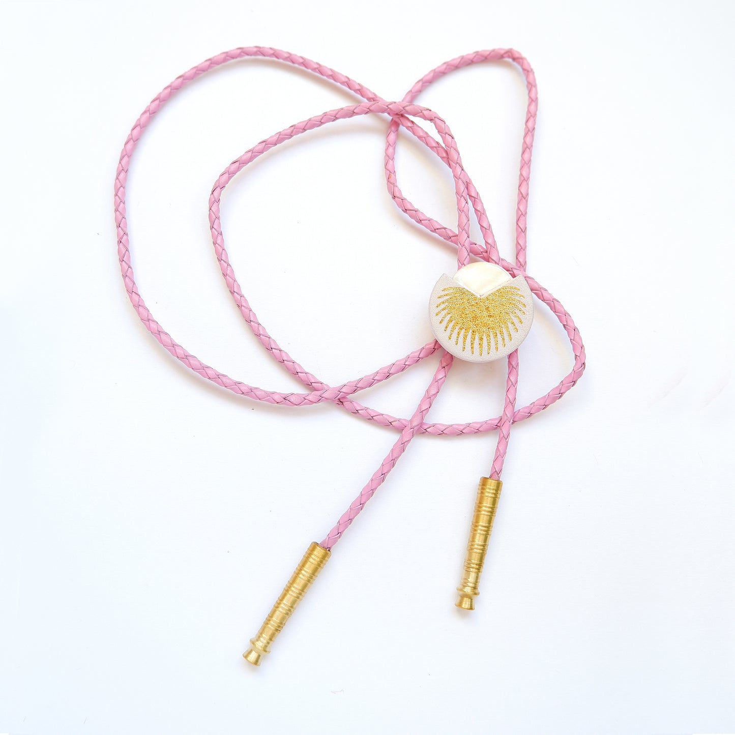 lilac leather bolo tie with gold palm print, mother of pearl accent & brass tips