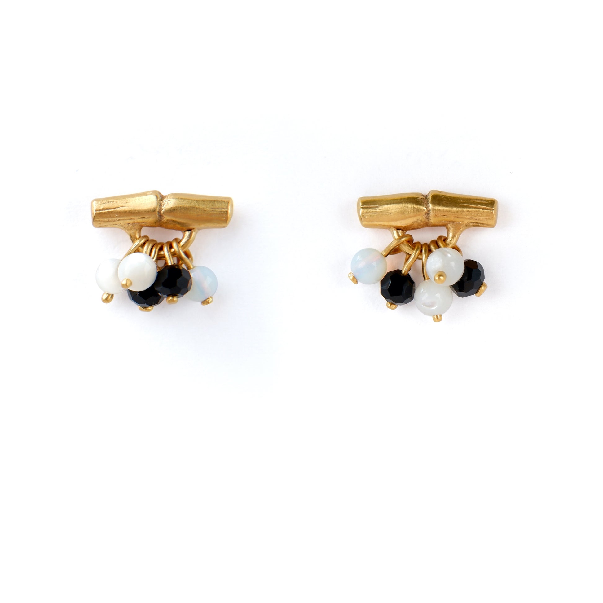 gold vermeil bamboo bar stud earrings with gemstone beads in black & white,  white background