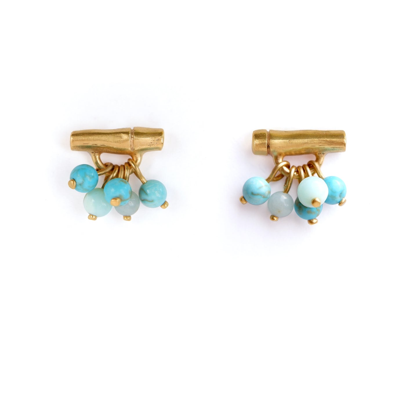gold vermeil bamboo bar stud earrings with gemstone beads in turquoise & blue, white background