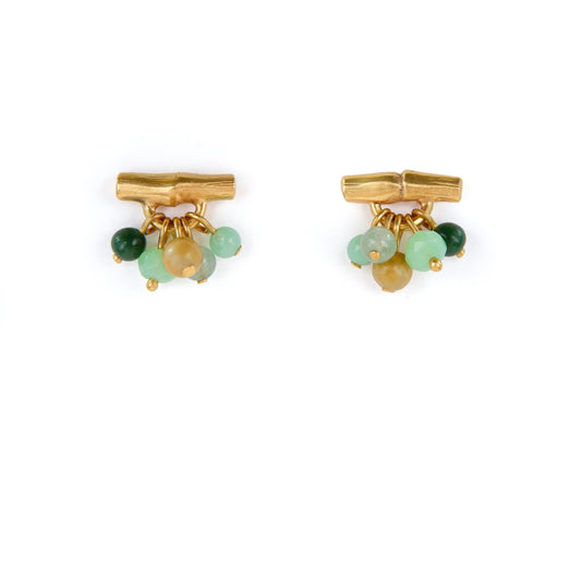 gold vermeil bamboo bar stud earrings with gemstone beads in green, white background