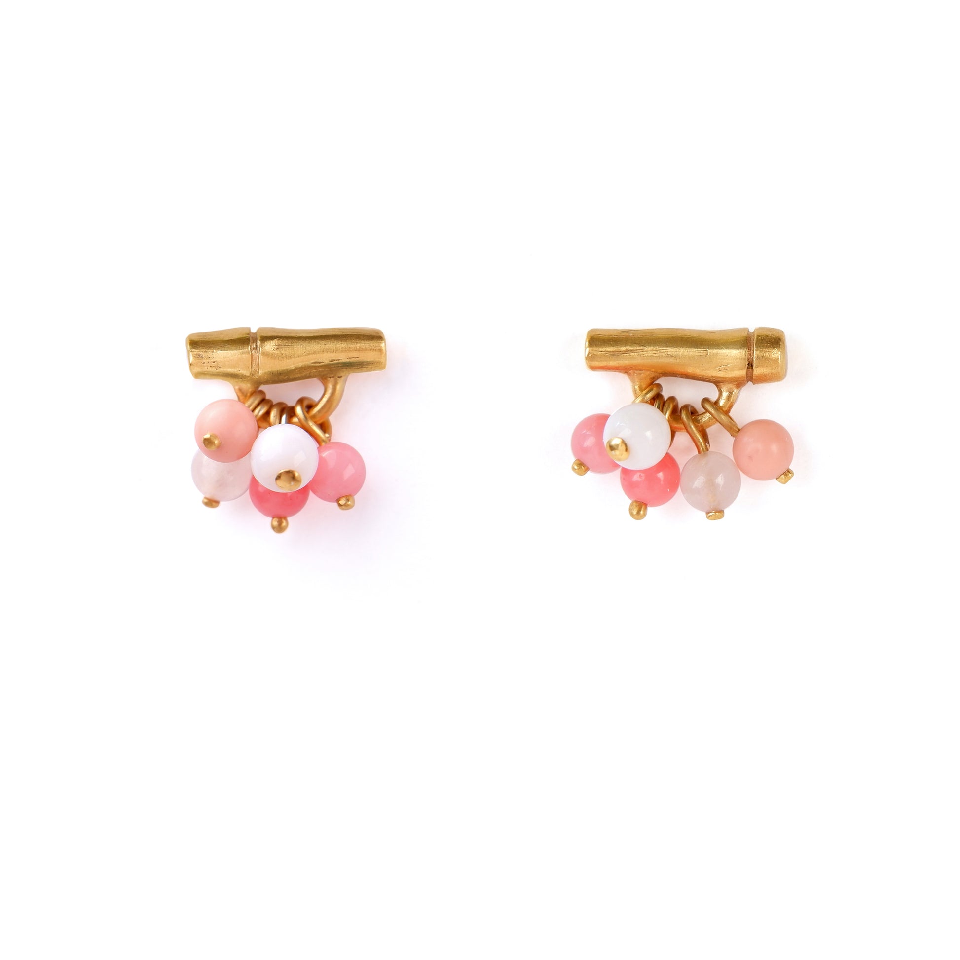 gold vermeil bamboo bar stud earrings with gemstone beads in coral pink, white background