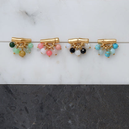 gold vermeil bamboo stud earrings with gemstones - pink, turquoise  blue, black & white, green