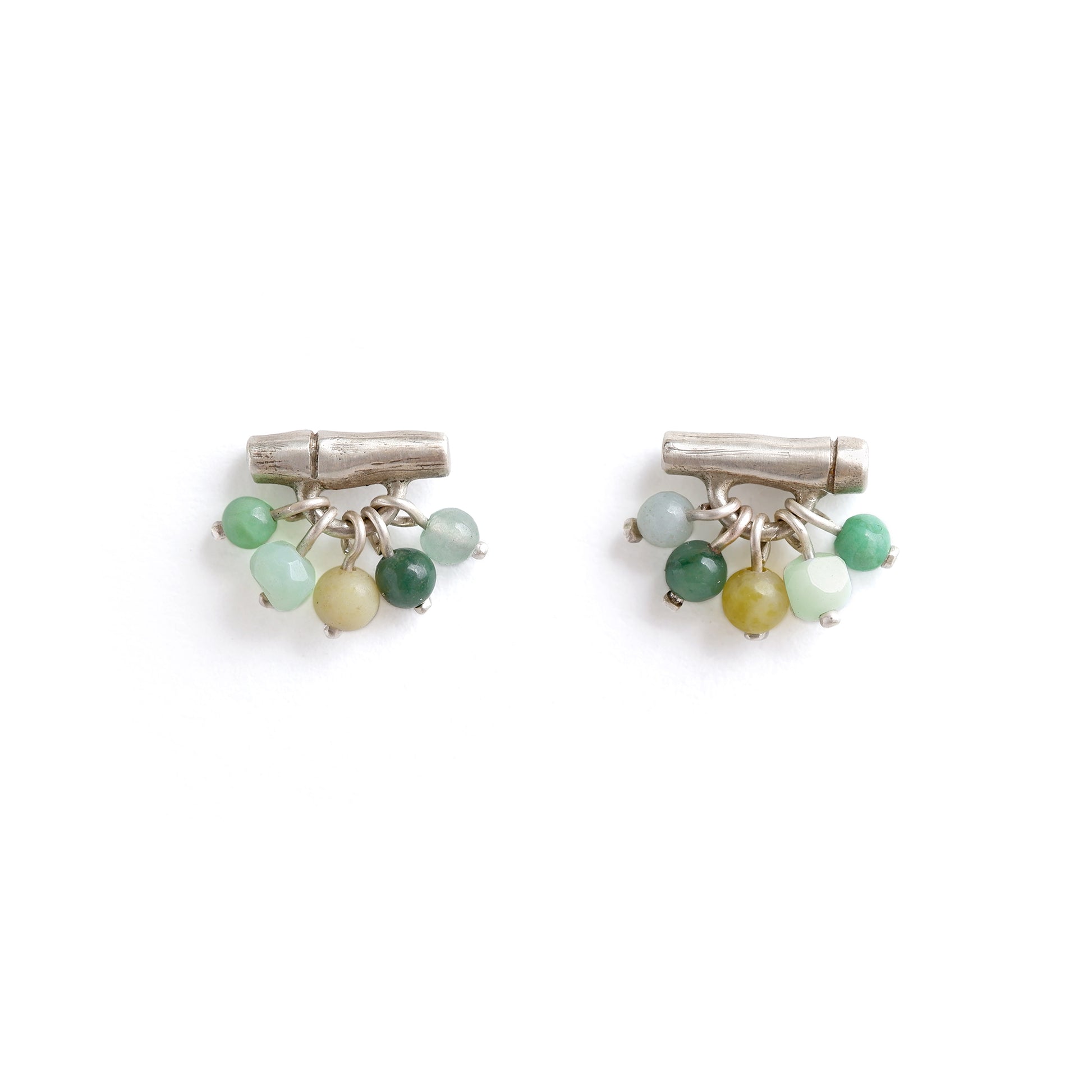 Sterling Silver bamboo bar stud earrings with gemstone beads in green, white background