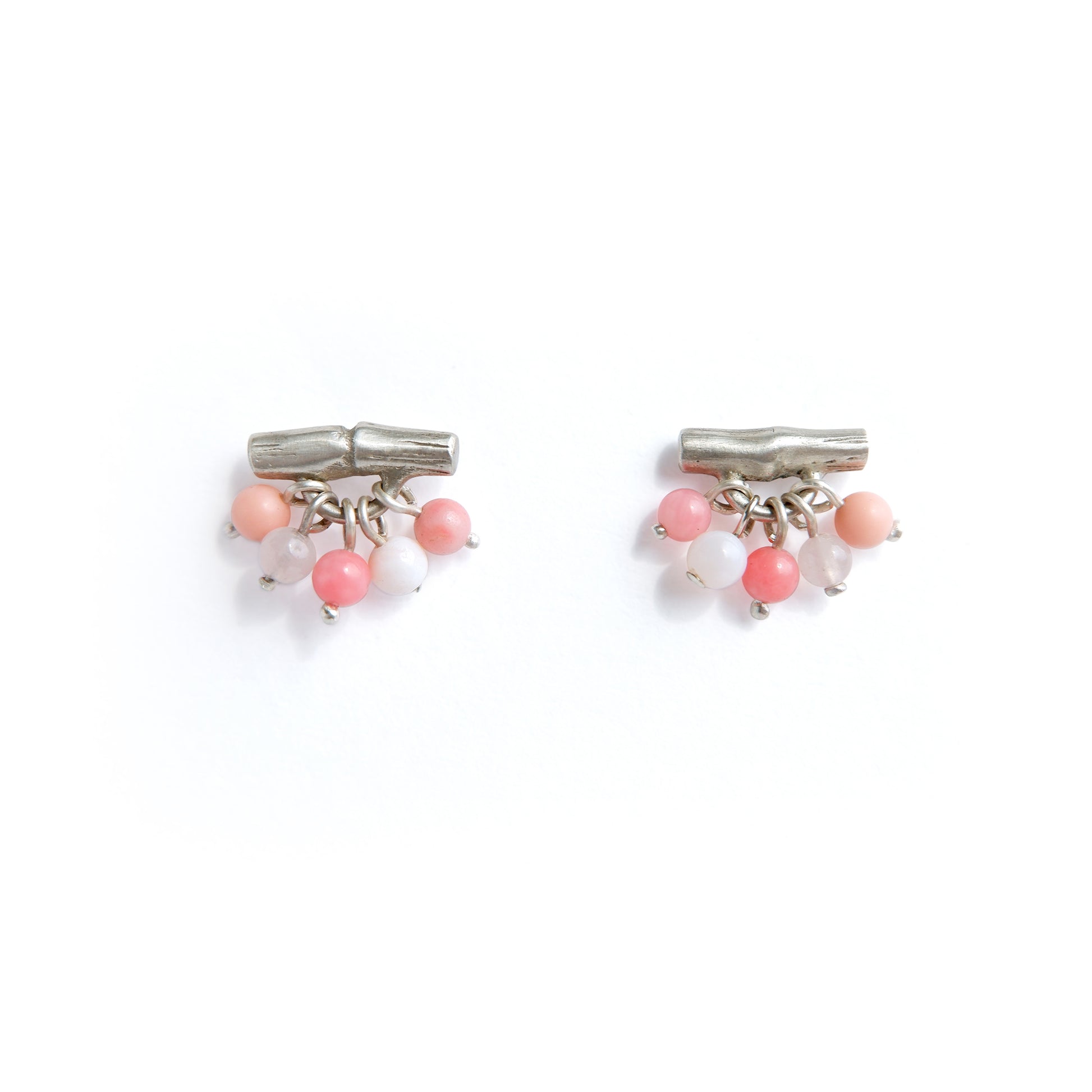 Sterling Silver bamboo bar stud earrings with gemstone beads in coral pink, white background