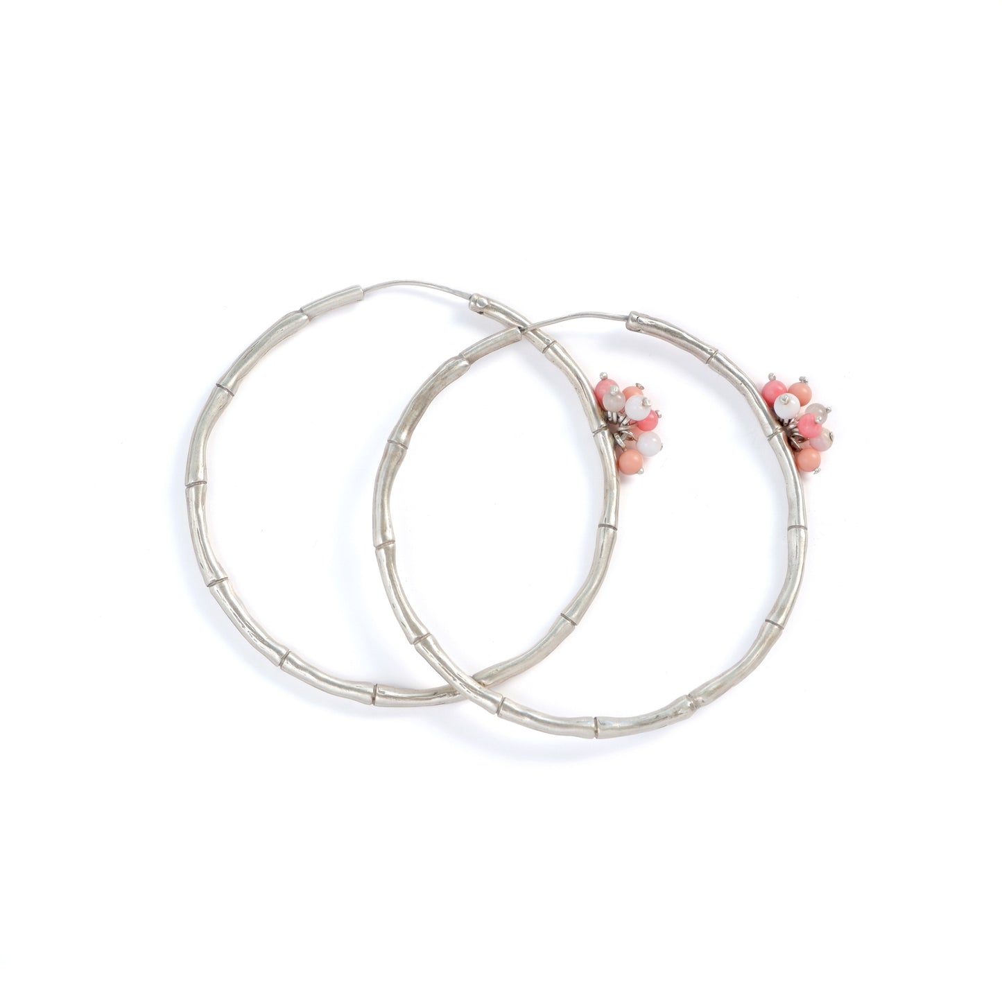 Sterling Silver Bamboo Hoops large size, pink gemstone Bauble beads