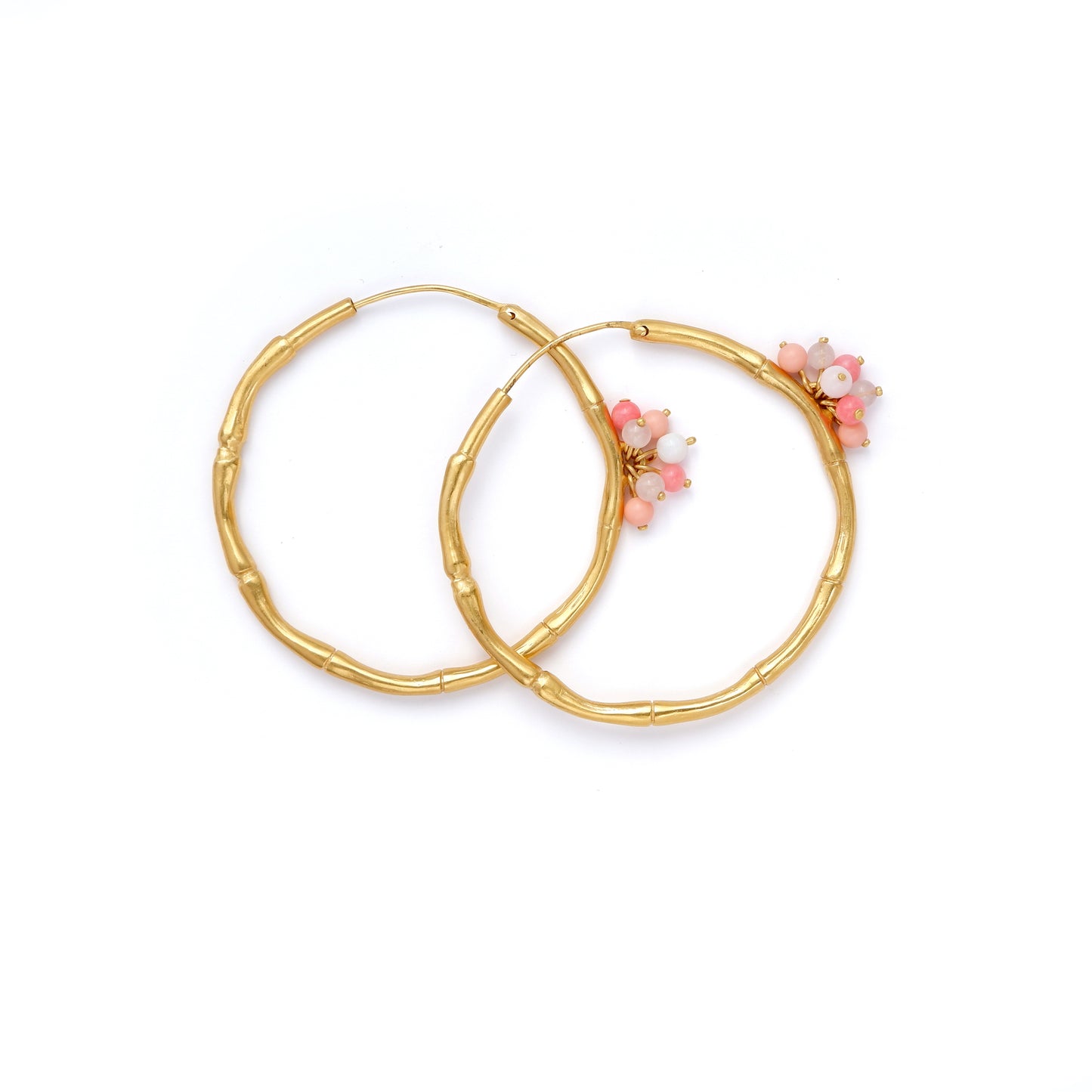 Gold Vermeil Bamboo Hoops medium size, pink gemstone Bauble beads