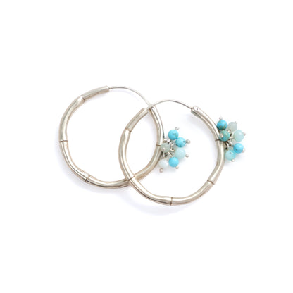 Sterling Silver Bamboo Hoops small size, turquoise blue gemstone Bauble beads