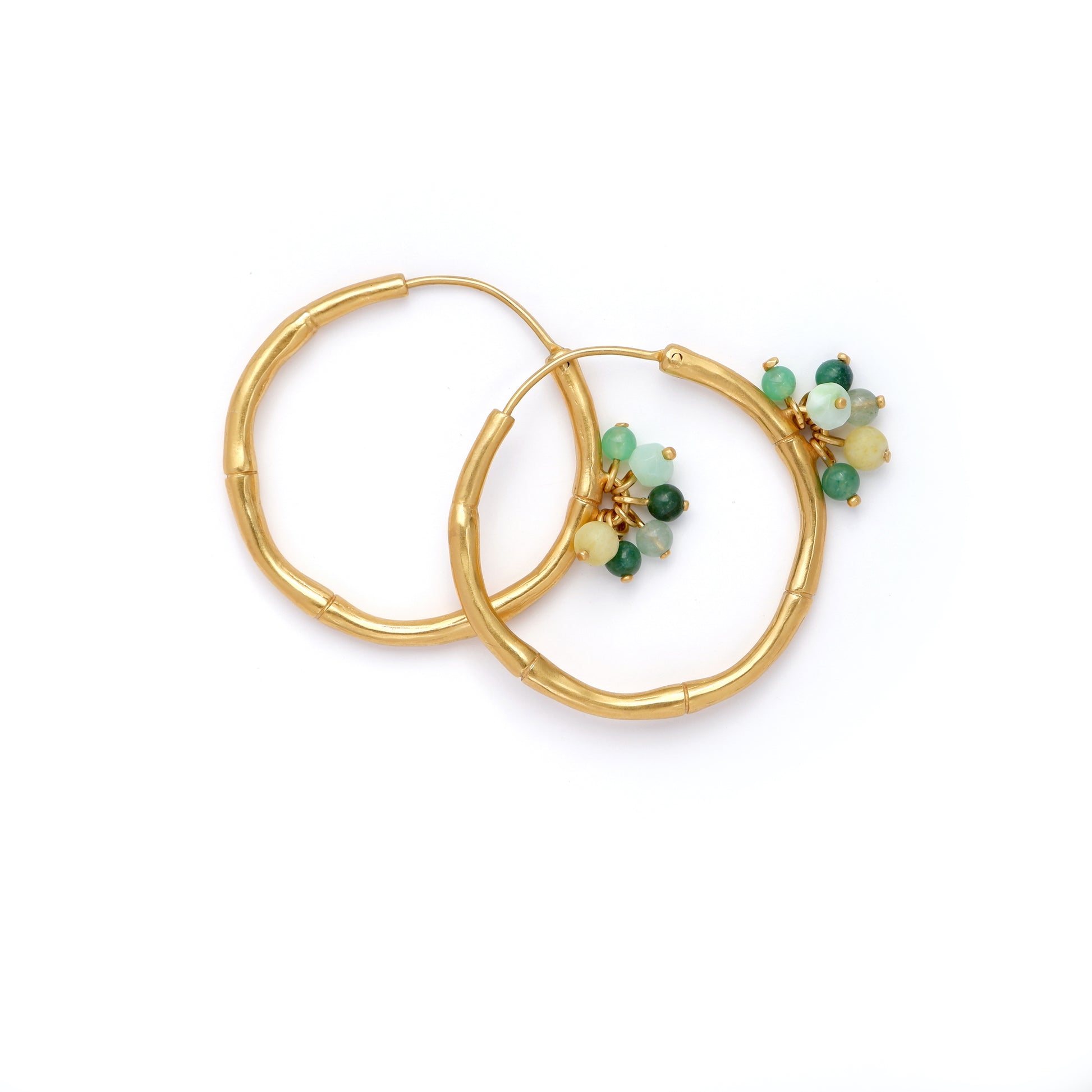 Gold Vermeil Bamboo Hoops small size, green jade, crysoprase gemstone Bauble beads