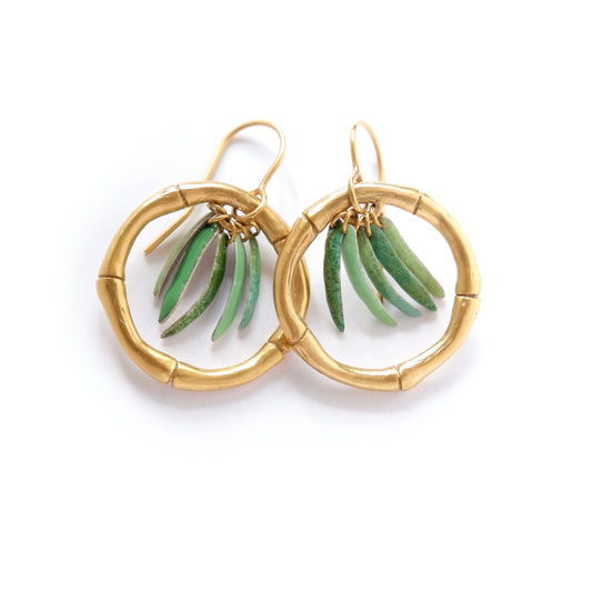 gold vermeil bamboo hoop earrings, green enamel leaves