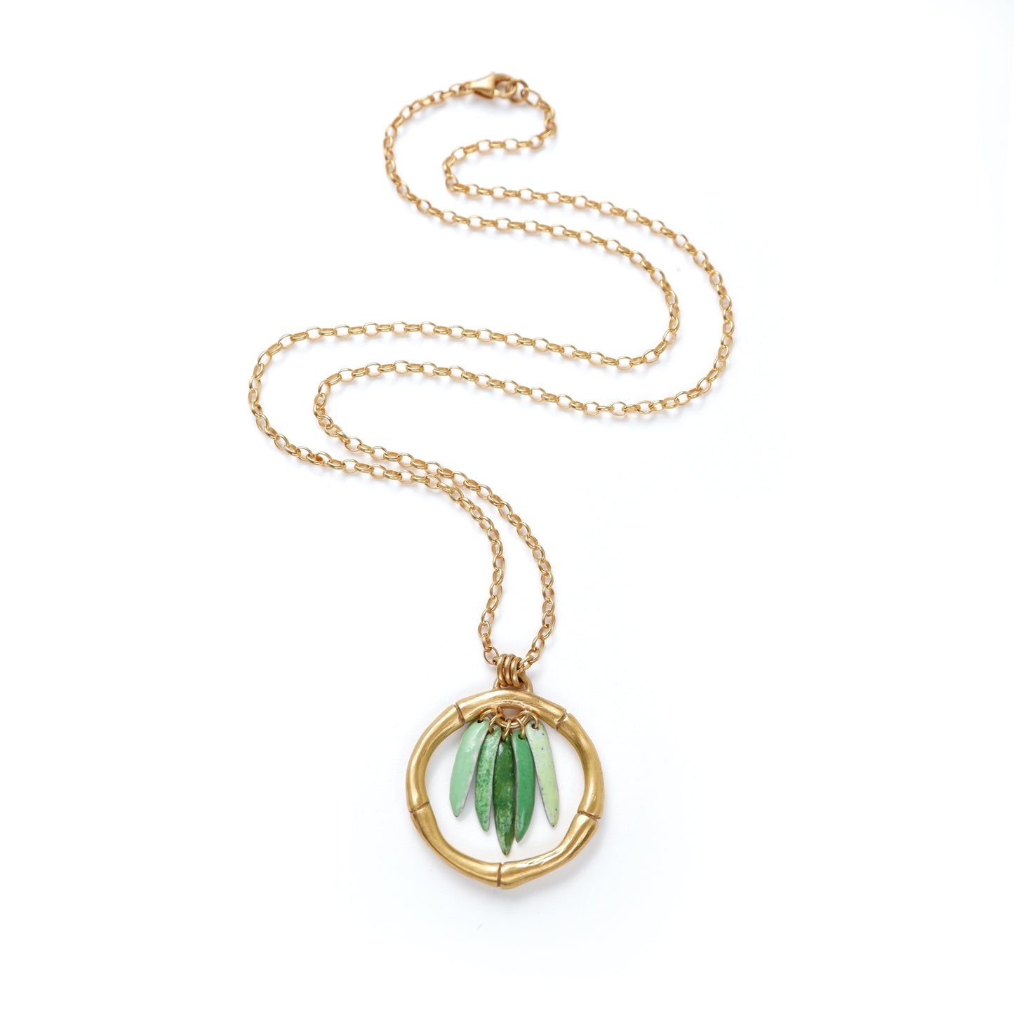 gold vermeil bamboo hoop pendant necklace chain, green enamel leaves