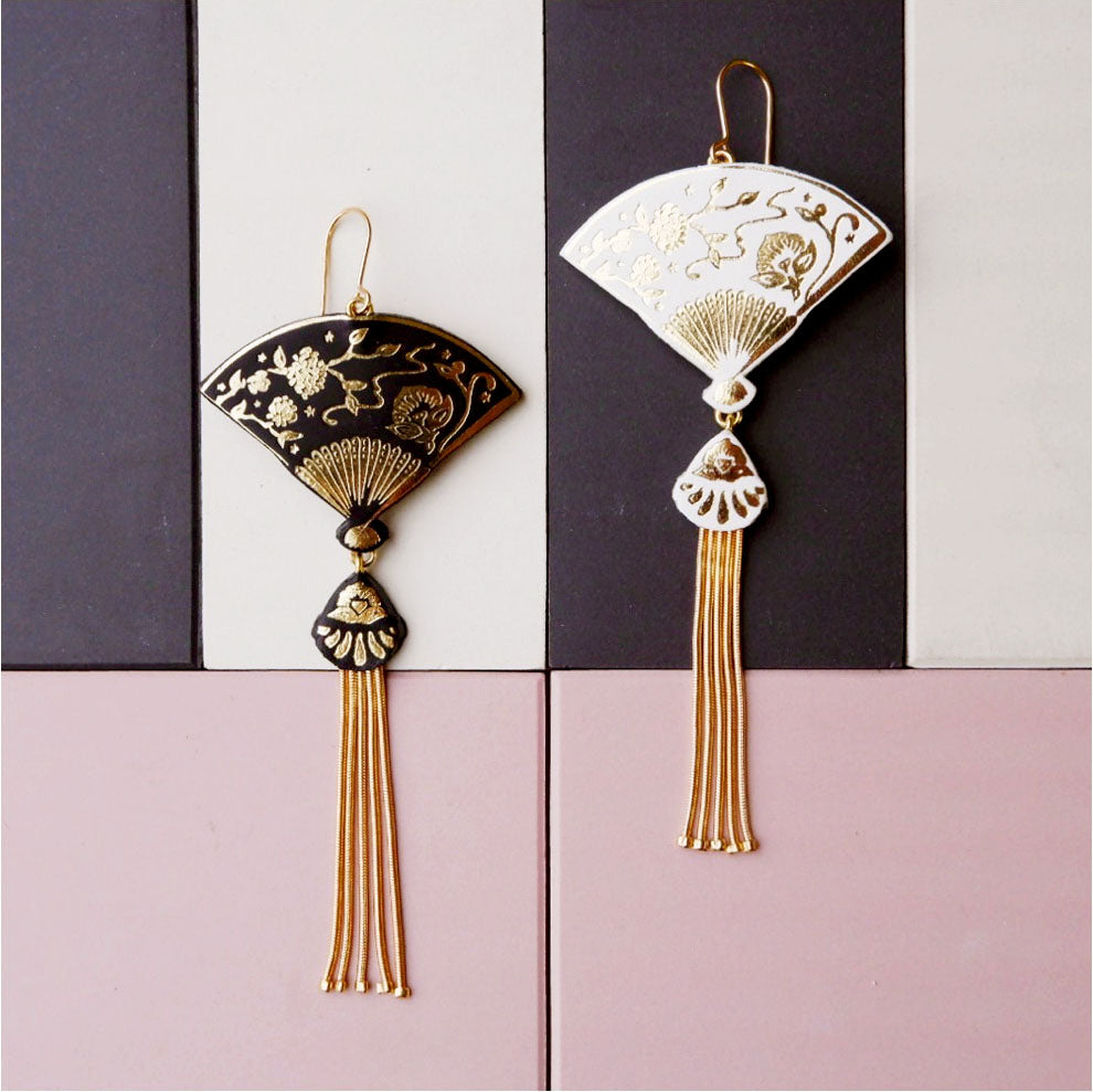 tasselled fan earrings in black & white & gold