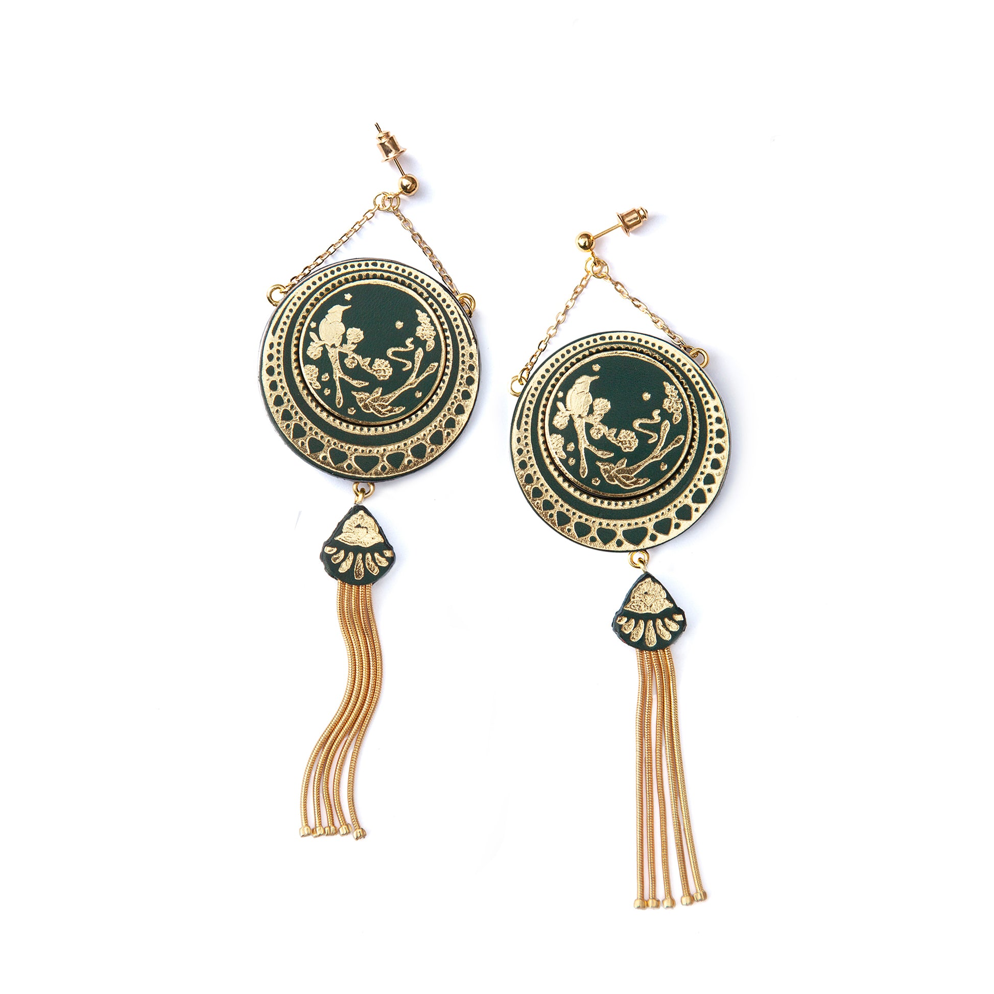 tasselled leather gold medallion, large gold statement earrings