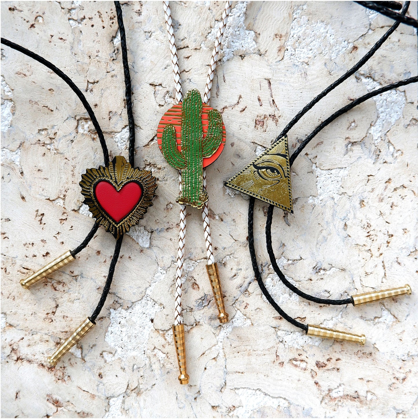 leather bolo ties Red Sacred Heart, desert Sun Cactus Sunset bola string tie All seeing eye magic eye amulet leather string tie westernwear western style