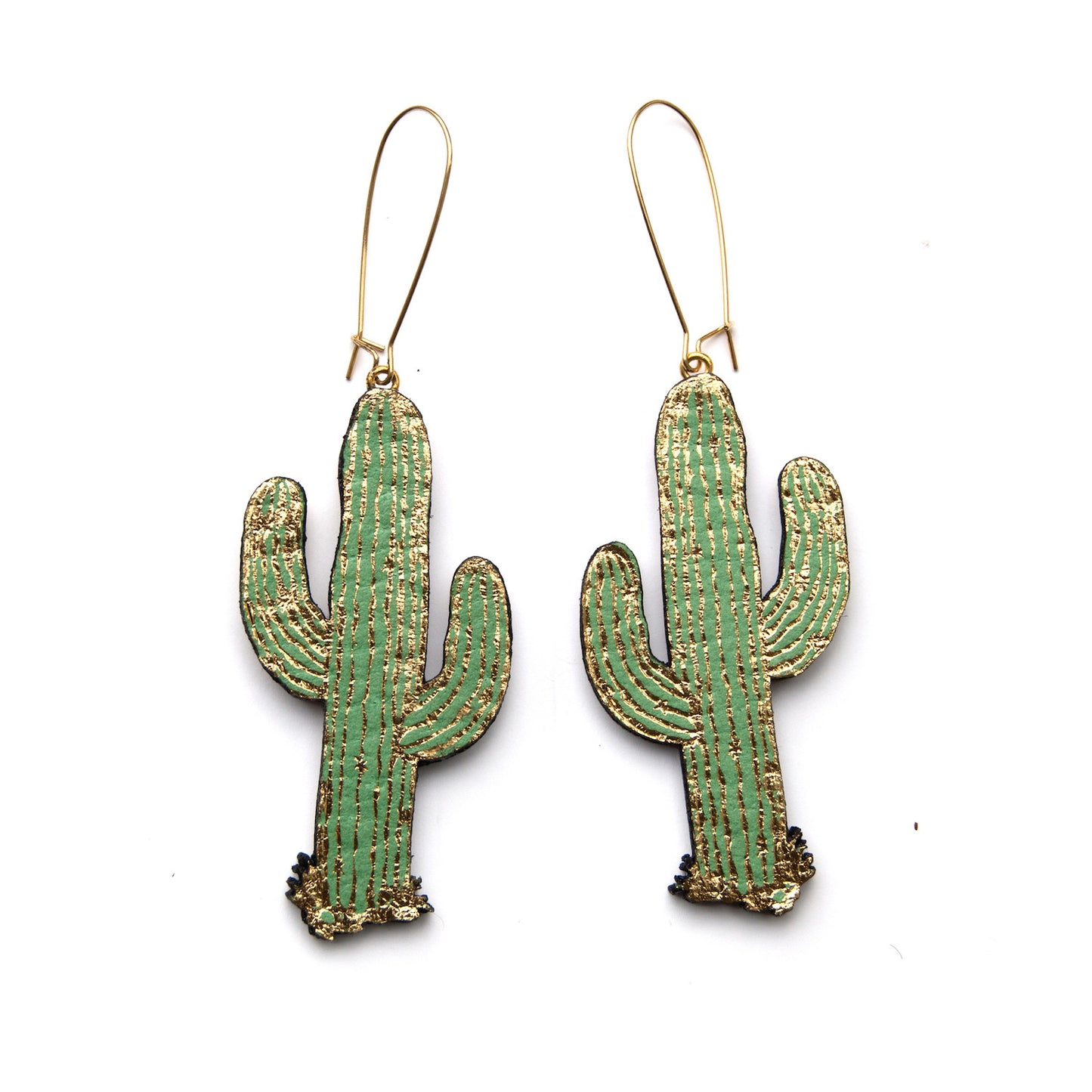 leather cactus cacti earrings, gold print
