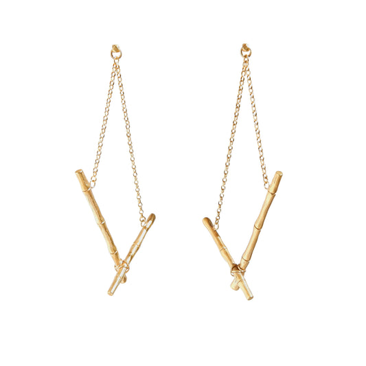Gold vermeil bamboo cane cross bar drop earrings on fine chain