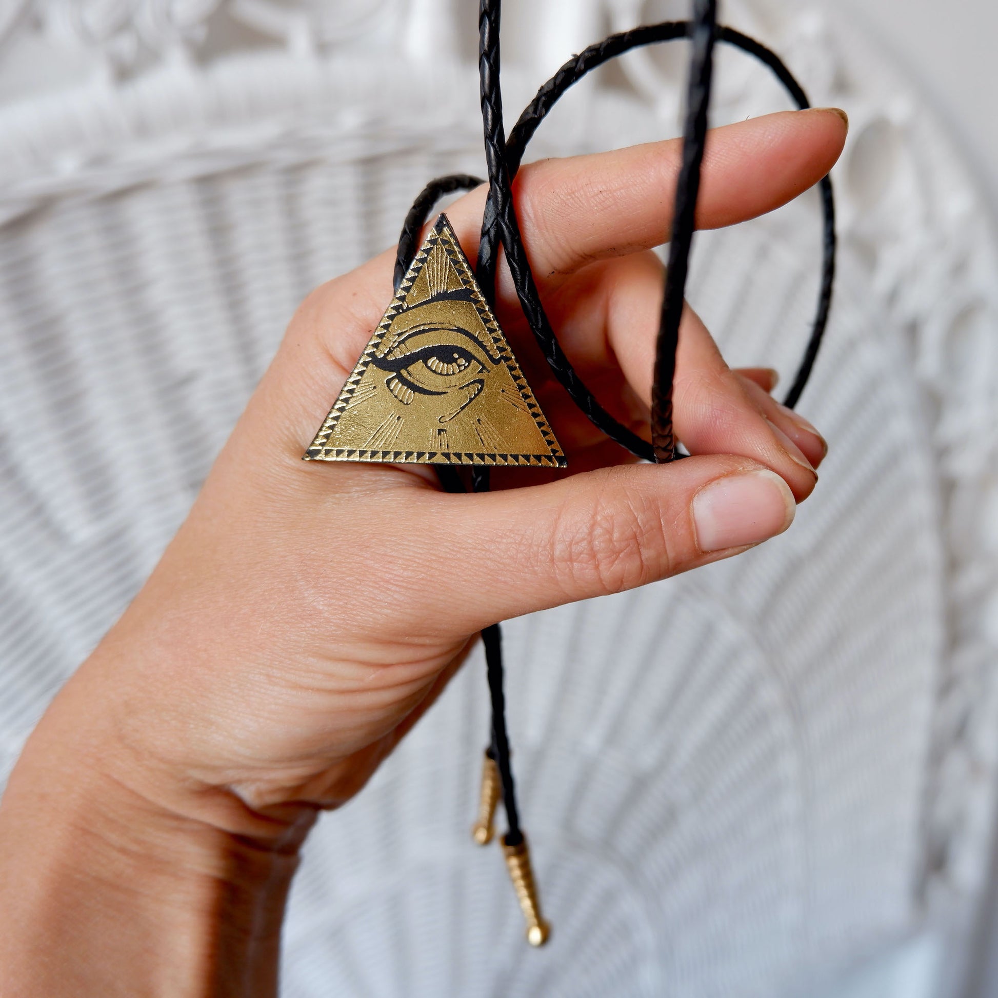 all seeing eye pyramid amulet leather bolo tie