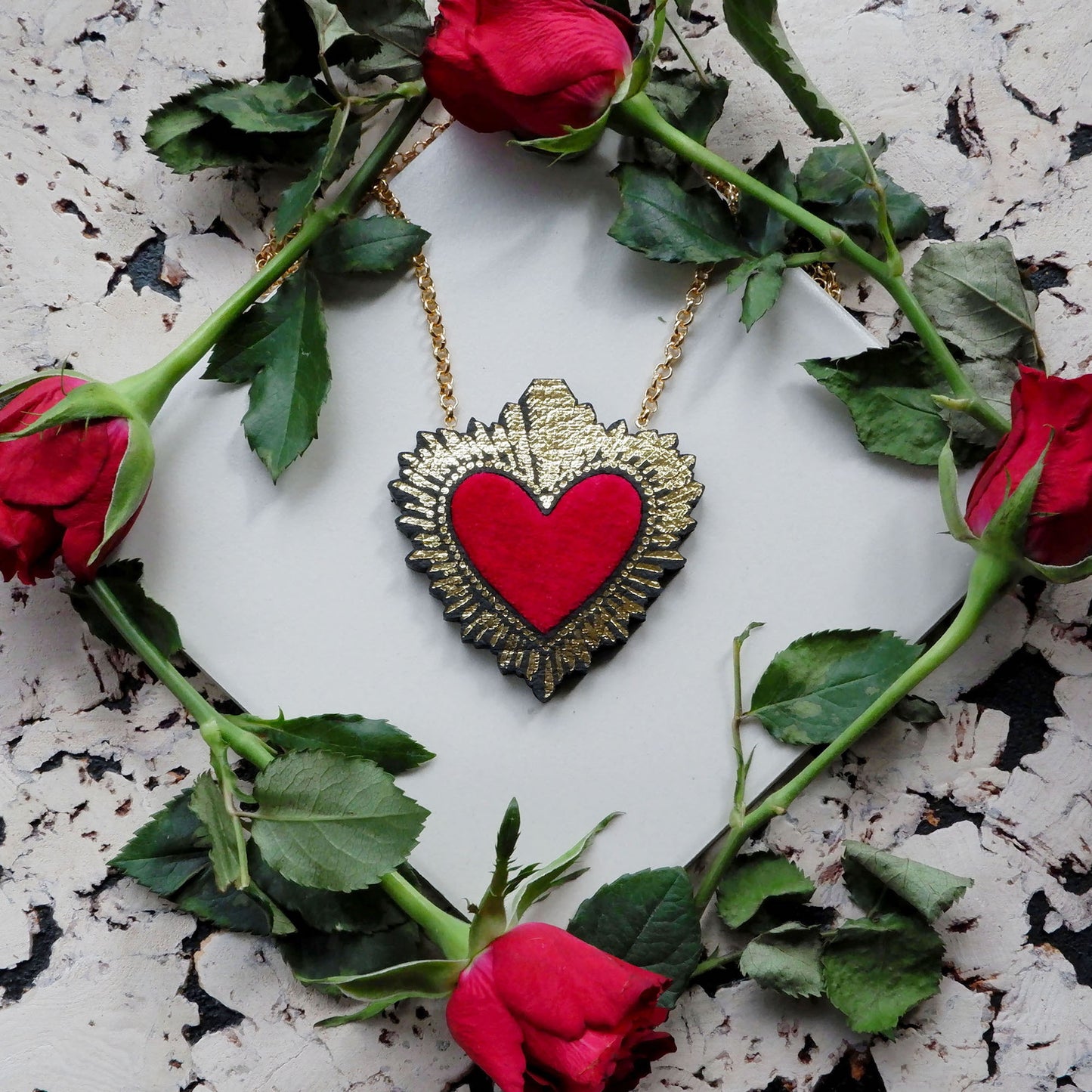  red velvet sacred heart pendant necklace, on gold belcher chain, with red roses