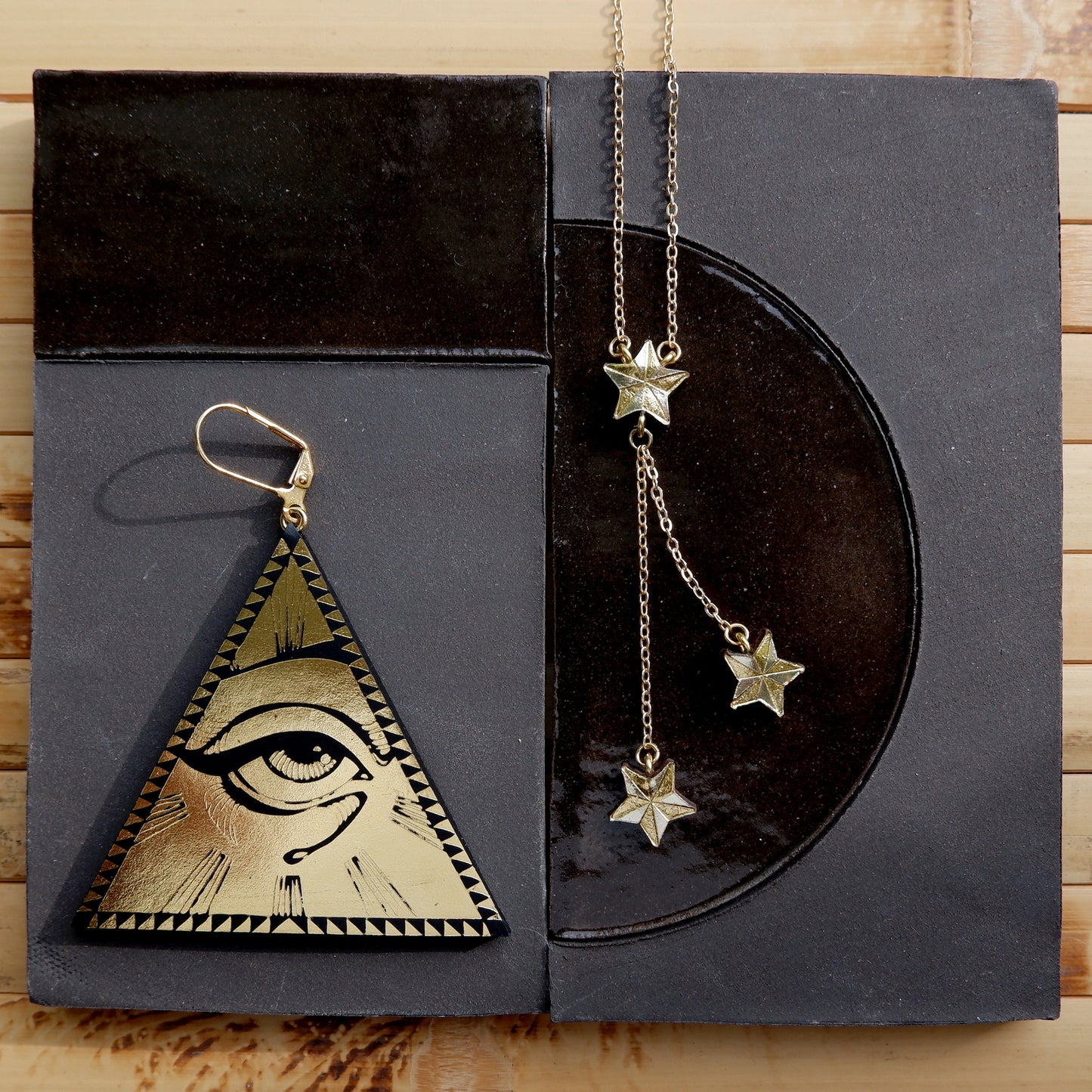 All seeing eye earrings, statement earring, leather earring, lucky star necklace, falling star