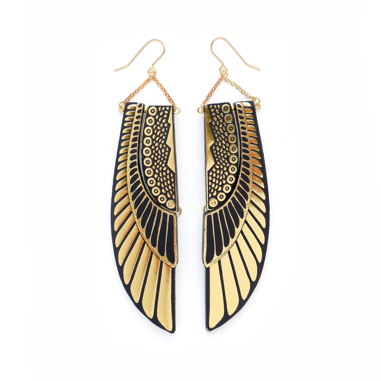 Art Deco Egyptian inspired leather scarab wing statement earrings