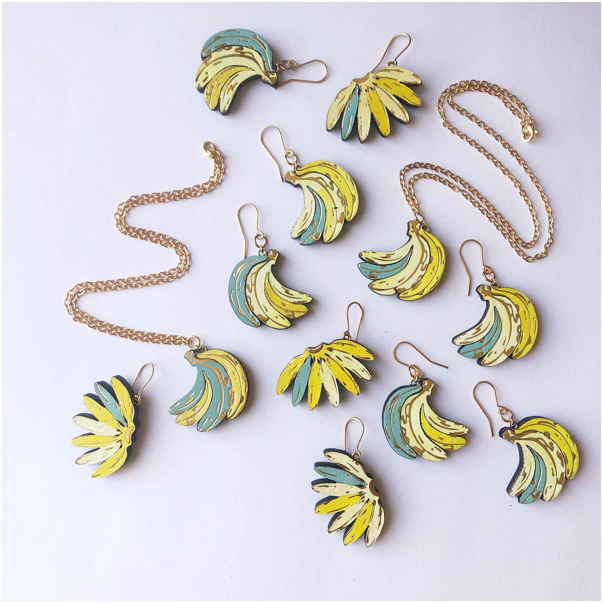 leather Banana Earrings & Pendant Necklaces, yellow, blue, gold