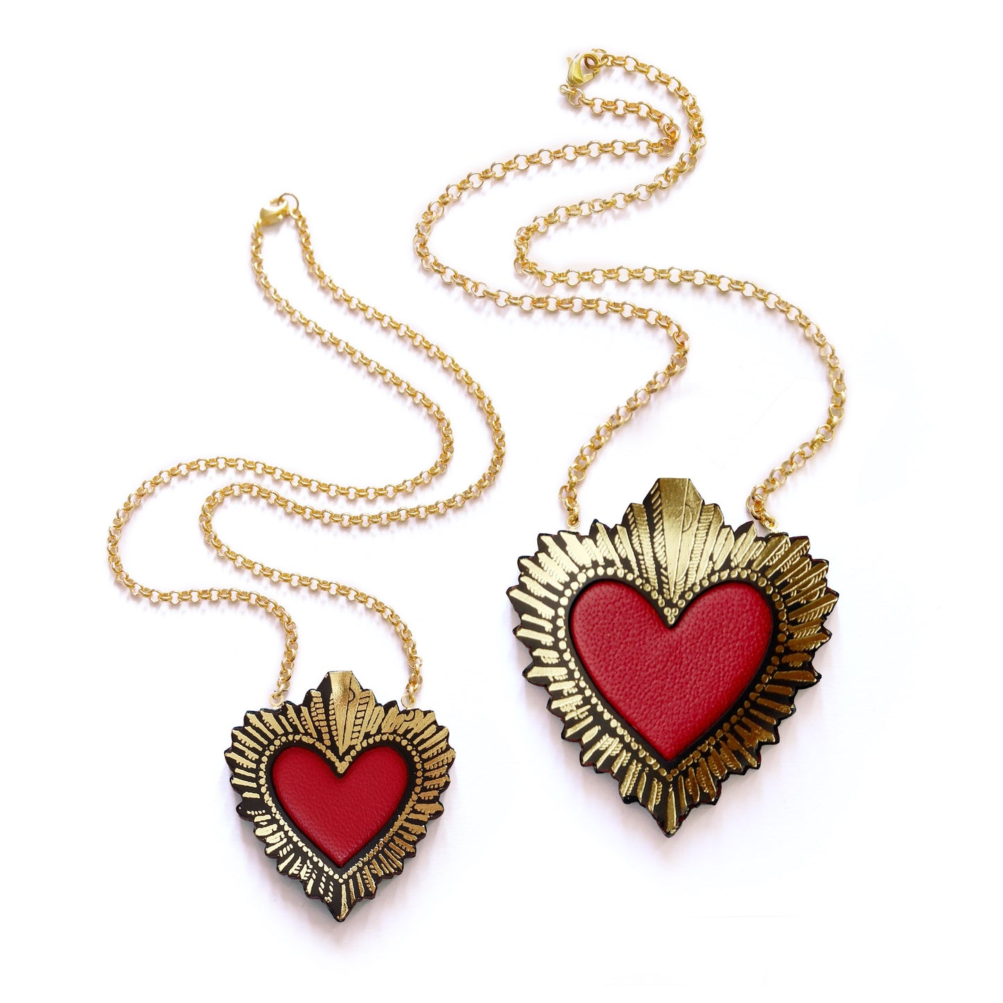 two sizes of red leather sacred heart pendant necklace, on gold belcher chain