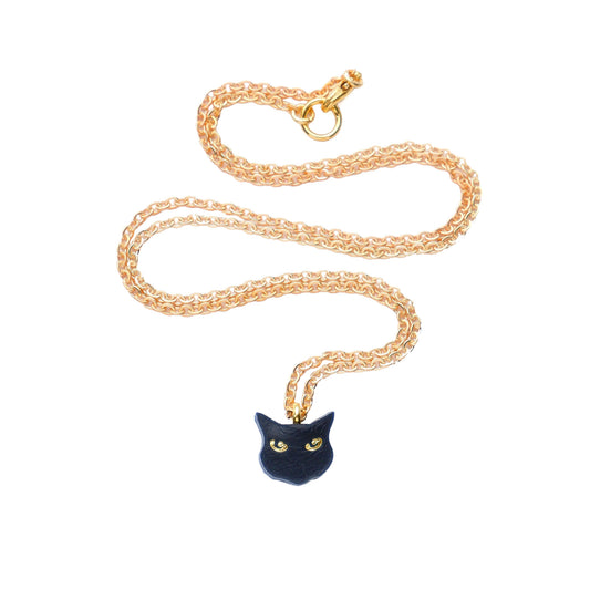 litle black cat head pendant in leather, on fine gold chain