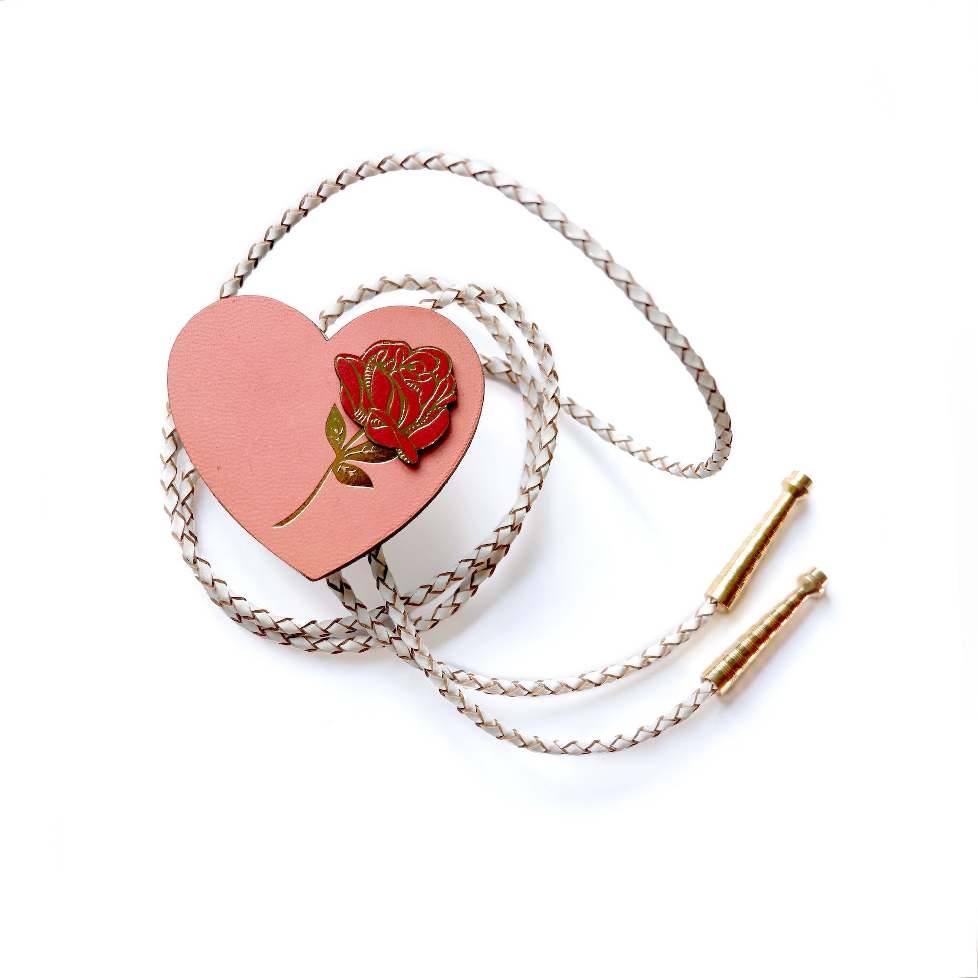 Pink Heart with red rose leather bolo tie with white braided leather cord & golden brass tips