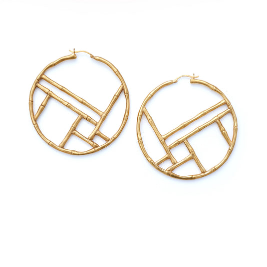 Gold Vermeil Large, Bamboo Hoops, cross bar design,  statement earrings