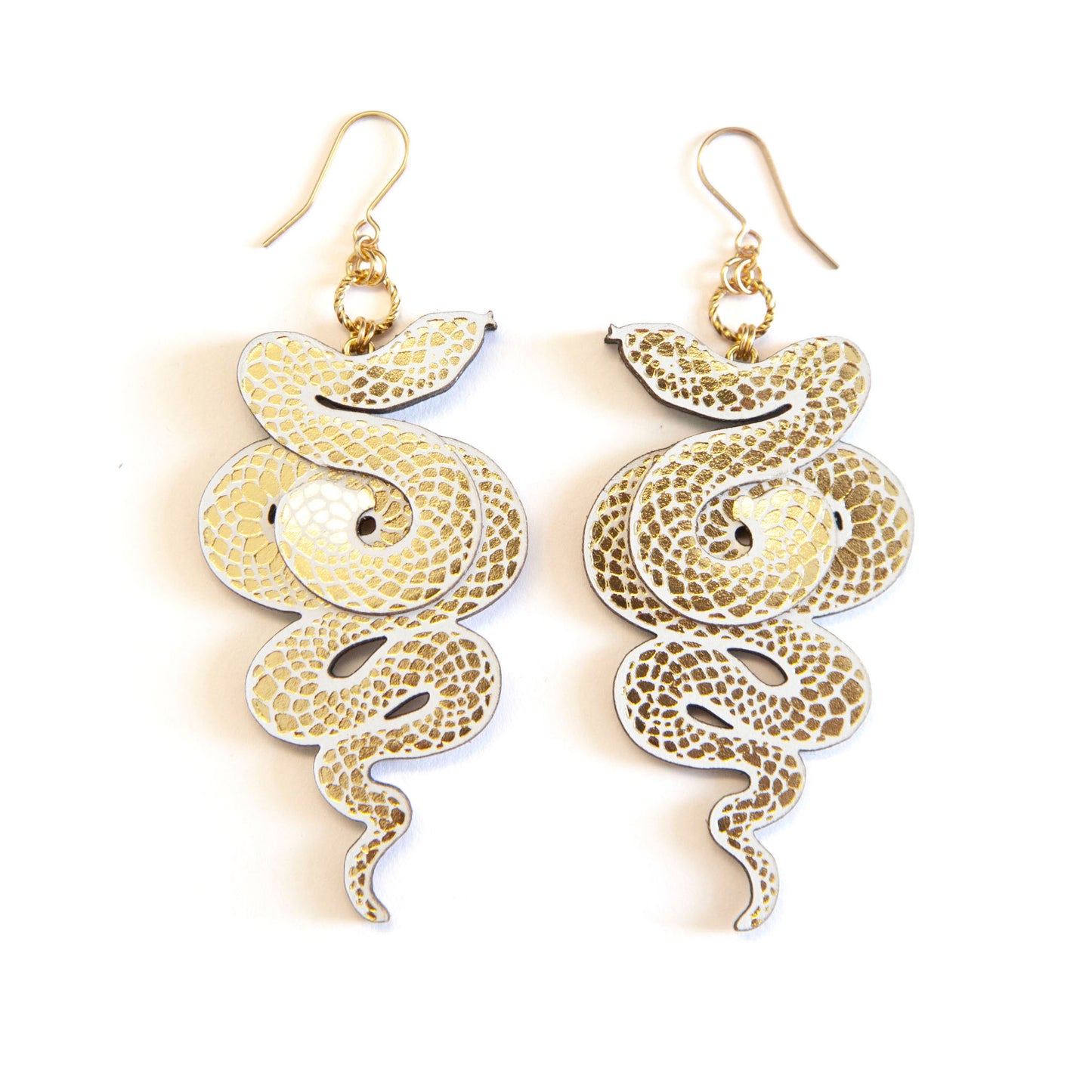white & gold leather serpent earrings