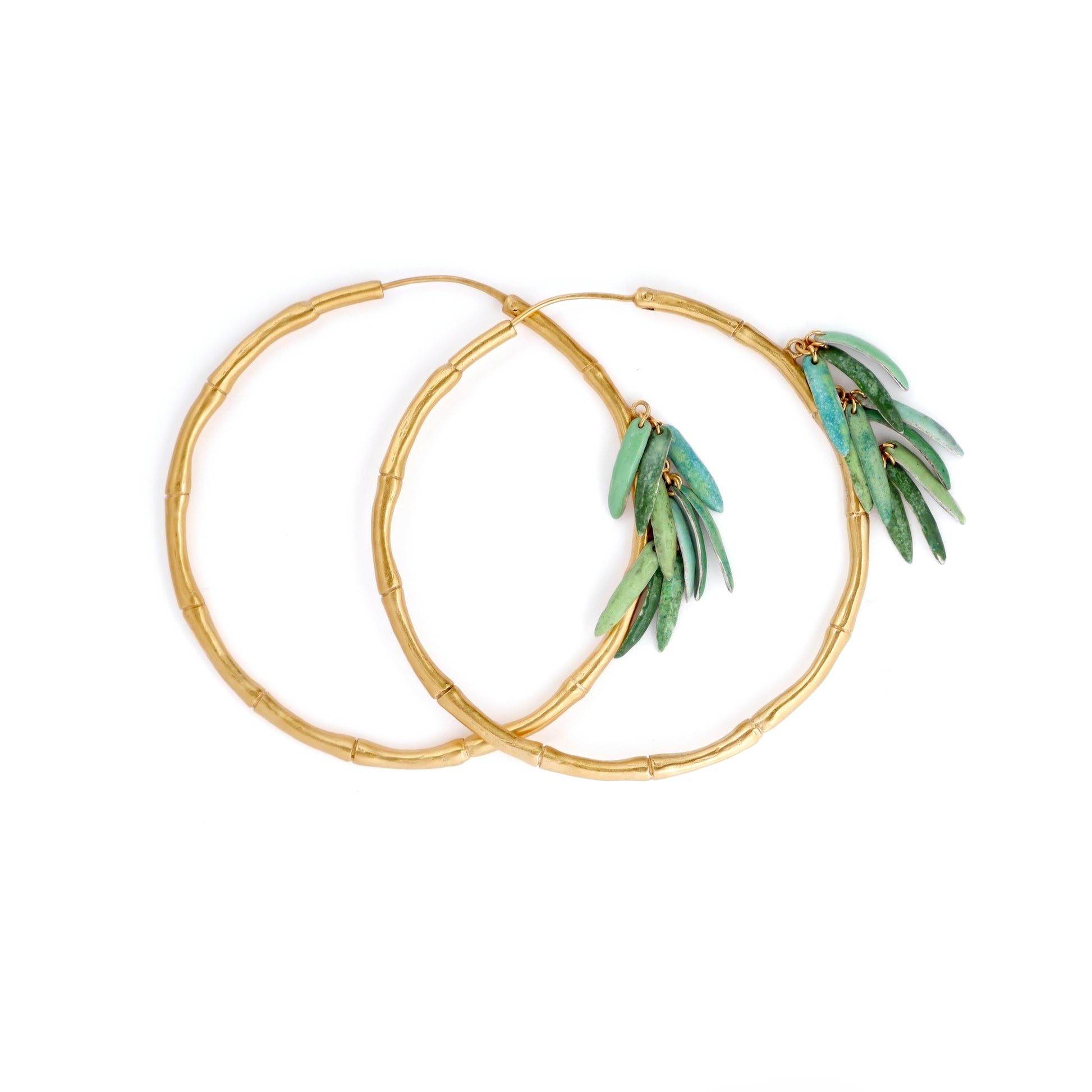 Gold Vermeil Large, Bamboo Hoops,  statement earrings, green enamel leaves