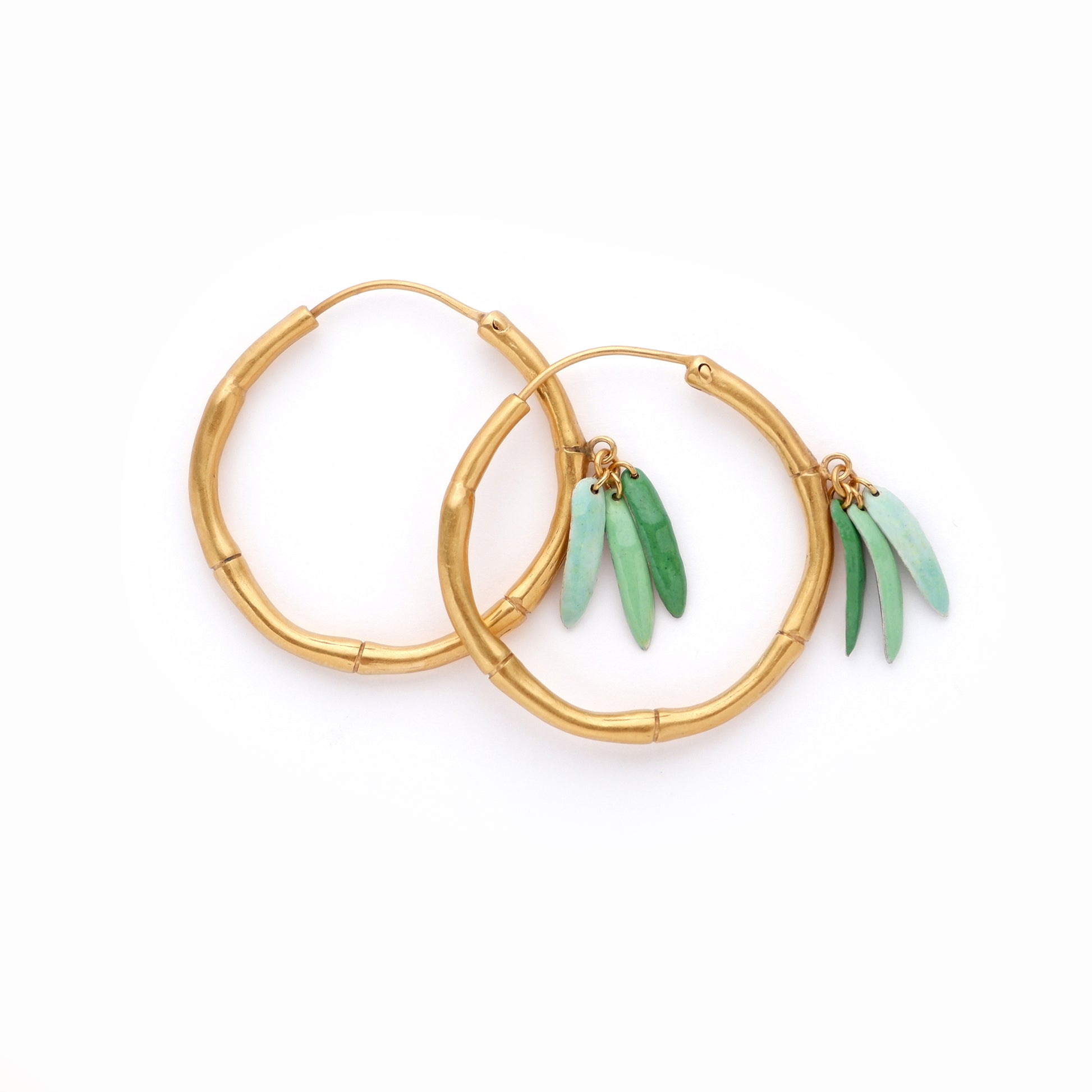 Gold Vermeil small, Bamboo Hoops,  statement earrings, green enamel leaves