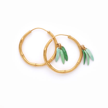 Gold Vermeil small, Bamboo Hoops,  statement earrings, green enamel leaves