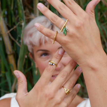 Gold Vermeil  Bamboo bar Rings green enamel leaves