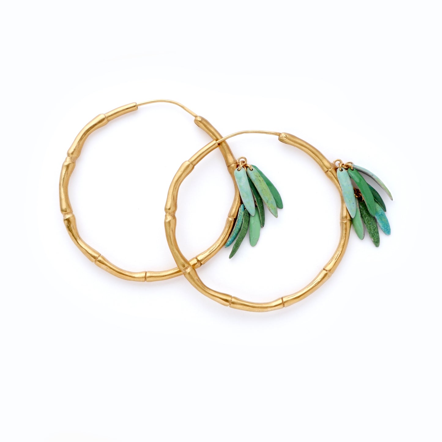 Gold Vermeil Large, Bamboo Hoops,  statement earrings, green enamel leaves