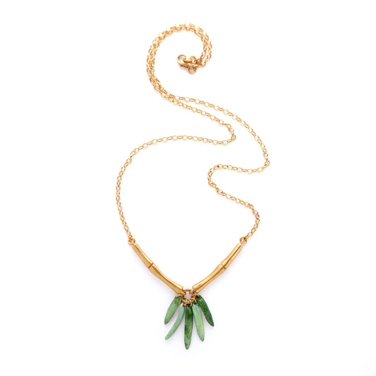 Gold Vermeil bamboo Chain necklace, green enamel leaf pendant