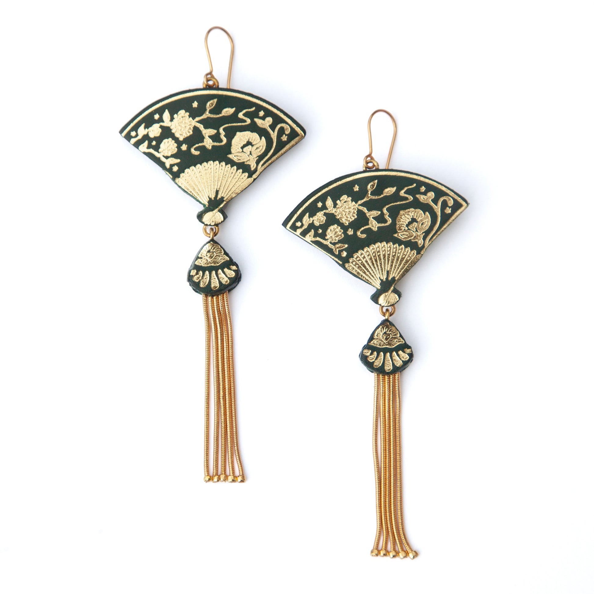 tasselled fan earrings in dark forest green & gold