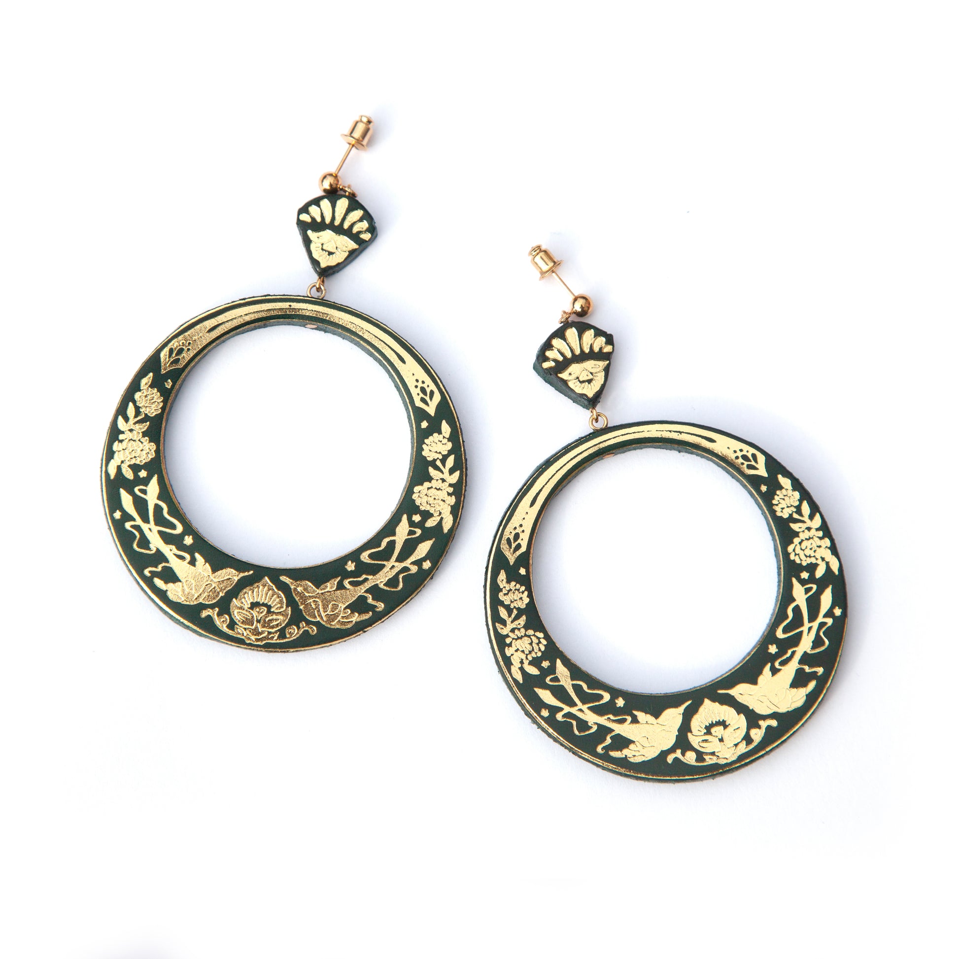 large hoops earring printed with birds & flowers in gold on  dark green leather